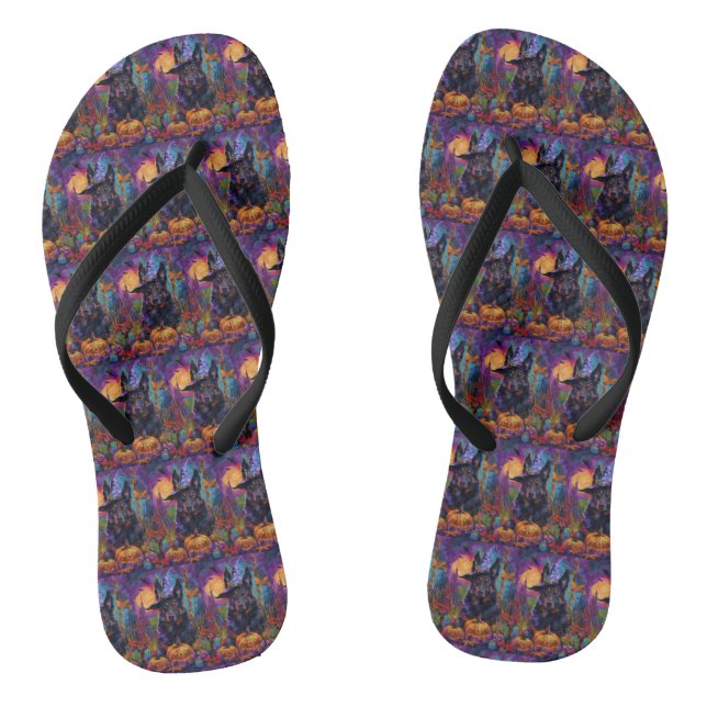 Spooky Belgian Shepherd Halloween Witch Pumpkin Flip Flops (Footbed)