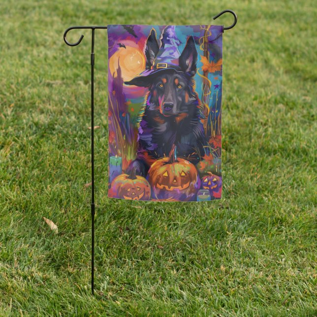 Spooky Belgian Shepherd Halloween Witch Pumpkin Garden Flag (In SItu)