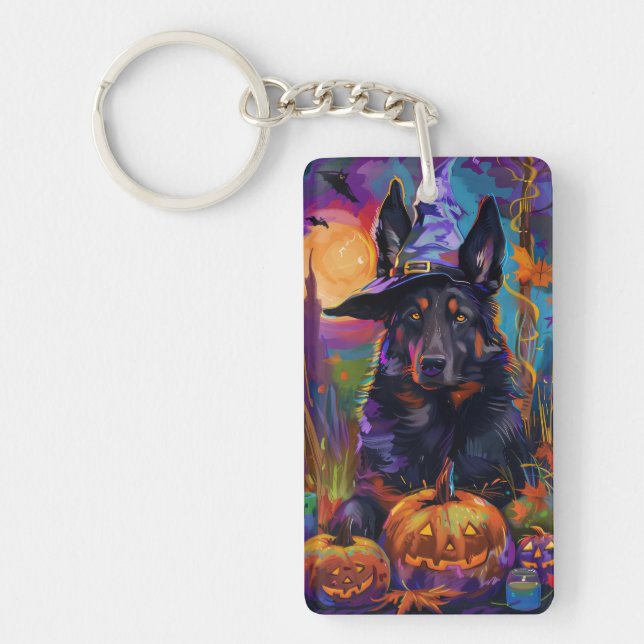 Spooky Belgian Shepherd Halloween Witch Pumpkin Keychain (Front)