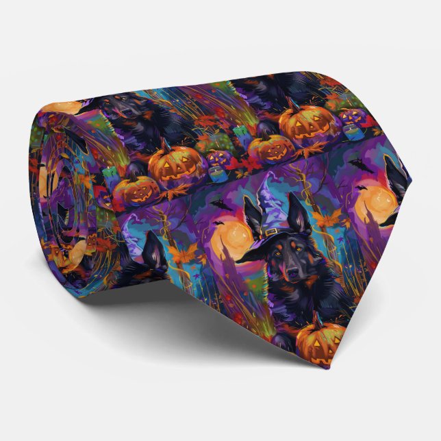 Spooky Belgian Shepherd Halloween Witch Pumpkin Neck Tie (Rolled)