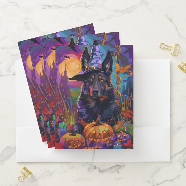 Spooky Belgian Shepherd Halloween Witch Pumpkin Pocket Folder (In Situ)