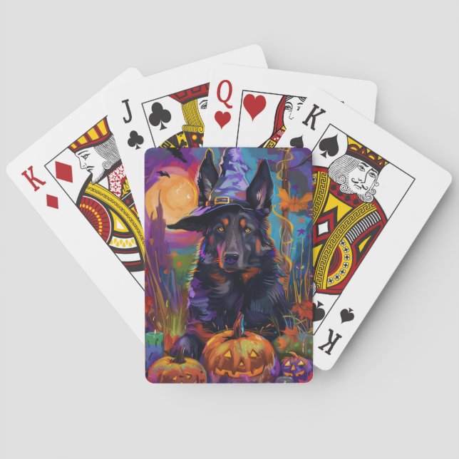 Spooky Belgian Shepherd Halloween Witch Pumpkin Poker Cards (Back)
