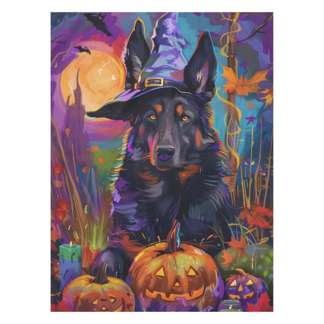 Spooky Belgian Shepherd Halloween Witch Pumpkin Tablecloth (Front)