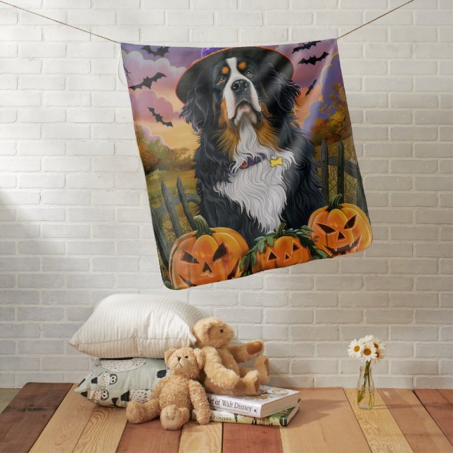 Spooky Bernese Mountain Halloween Witch Pumpkin Baby Blanket (In Situ)