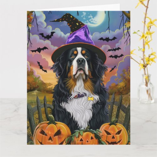 Spooky Bernese Mountain Halloween Witch Pumpkin Card