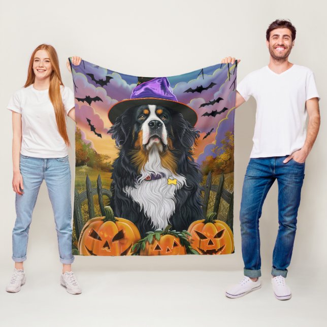 Spooky Bernese Mountain Halloween Witch Pumpkin Fleece Blanket (In Situ)