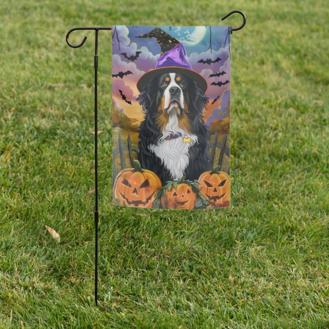 Spooky Bernese Mountain Halloween Witch Pumpkin Garden Flag (In SItu)