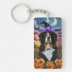 Spooky Bernese Mountain Halloween Witch Pumpkin Keychain