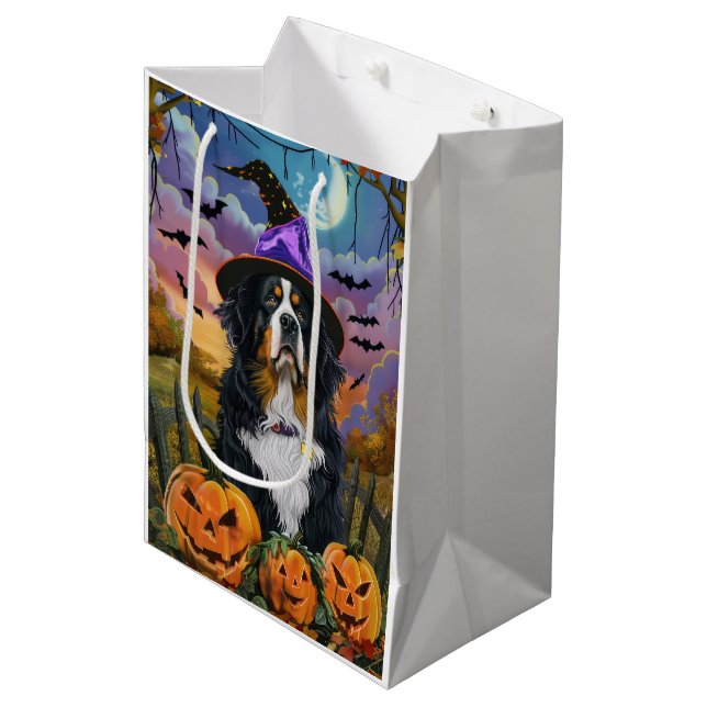 Spooky Bernese Mountain Halloween Witch Pumpkin Medium Gift Bag (Front Angled)