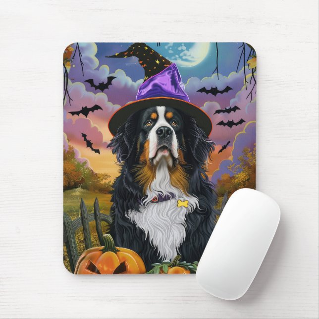 Spooky Bernese Mountain Halloween Witch Pumpkin Mouse Pad (With Mouse)