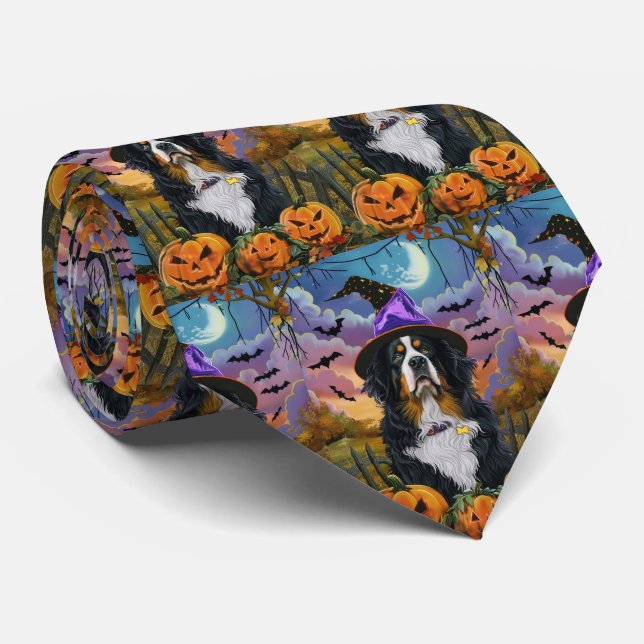 Spooky Bernese Mountain Halloween Witch Pumpkin Neck Tie (Rolled)