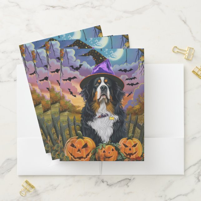 Spooky Bernese Mountain Halloween Witch Pumpkin Pocket Folder (In Situ)