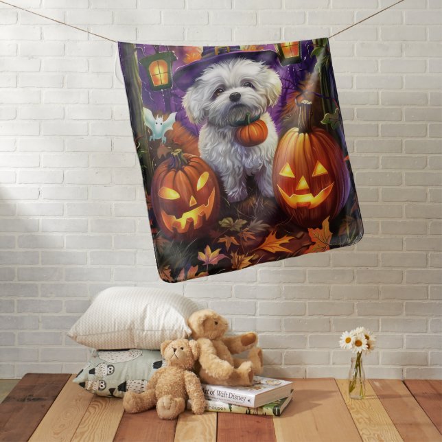 Spooky Bichon Frise Halloween Witch And Pumpkin Baby Blanket (In Situ)