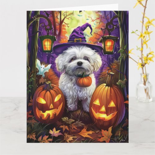 Spooky Bichon Frise Halloween Witch And Pumpkin Card