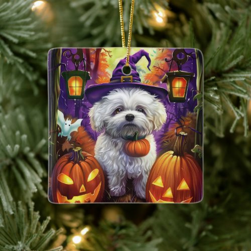 Spooky Bichon Frise Halloween Witch And Pumpkin Ceramic Ornament