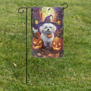 Spooky Bichon Frise Halloween Witch And Pumpkin Garden Flag