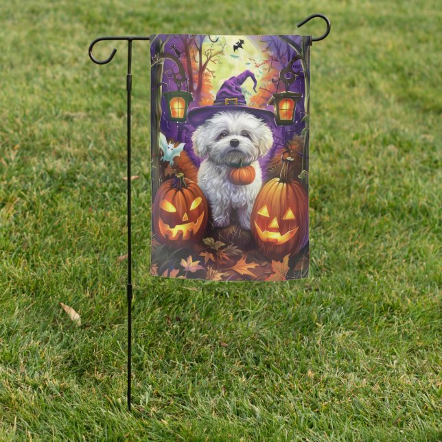 Spooky Bichon Frise Halloween Witch And Pumpkin Garden Flag (In SItu)
