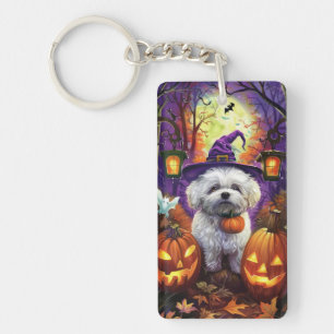 Spooky Bichon Frise Halloween Witch And Pumpkin Keychain