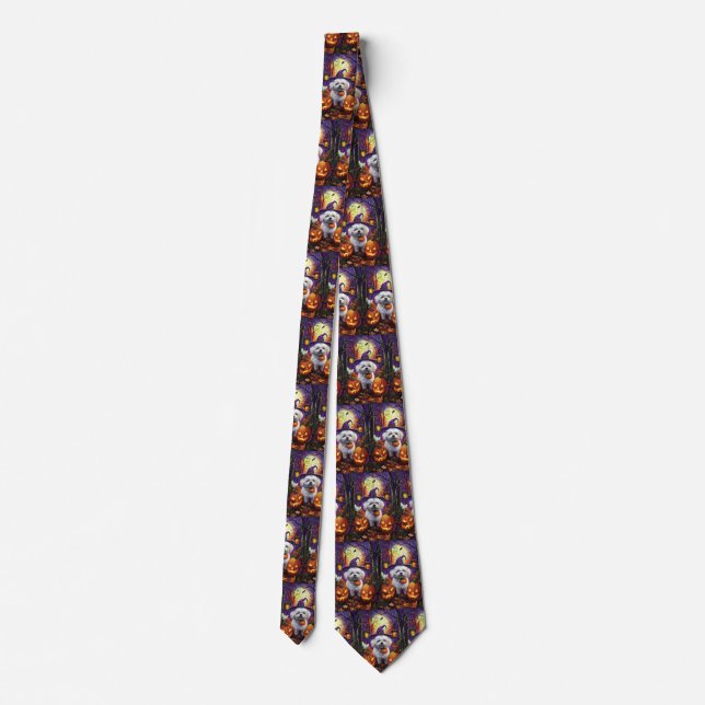 Spooky Bichon Frise Halloween Witch And Pumpkin Neck Tie (Back)