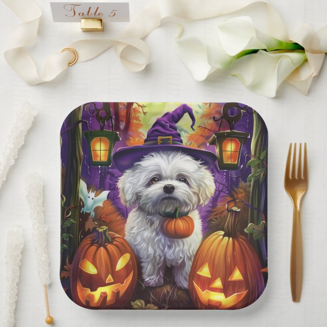 Spooky Bichon Frise Halloween Witch And Pumpkin Paper Plates (Wedding)