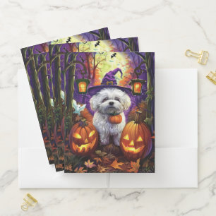 Spooky Bichon Frise Halloween Witch And Pumpkin Pocket Folder