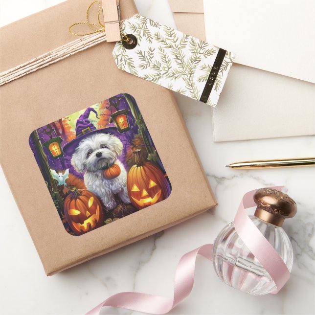 Spooky Bichon Frise Halloween Witch And Pumpkin Square Sticker (Gifting)
