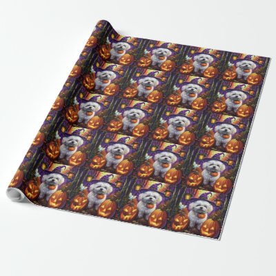Spooky Bichon Frise Halloween Witch And Pumpkin Wrapping Paper