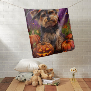 Spooky Biewer Terrier Halloween Witch And Pumpkin Baby Blanket