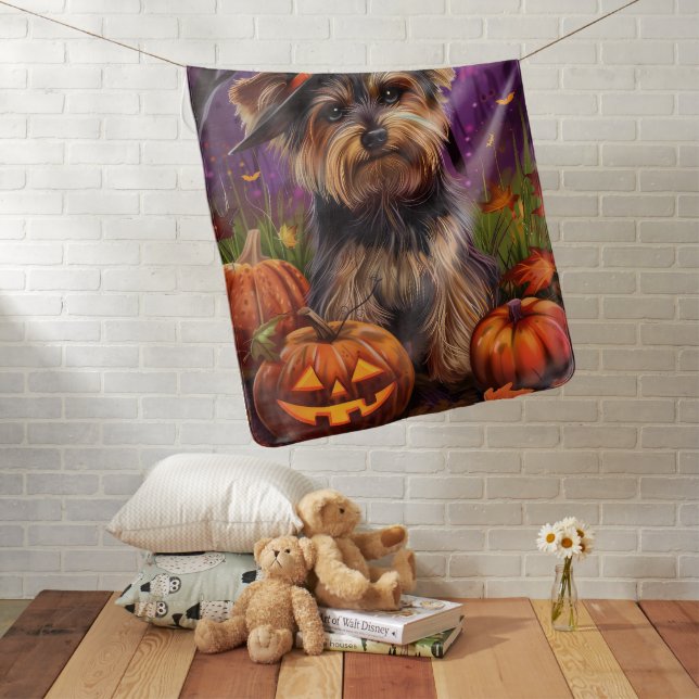 Spooky Biewer Terrier Halloween Witch And Pumpkin Baby Blanket (In Situ)