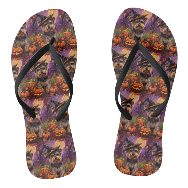 Spooky Biewer Terrier Halloween Witch And Pumpkin Flip Flops (Footbed)