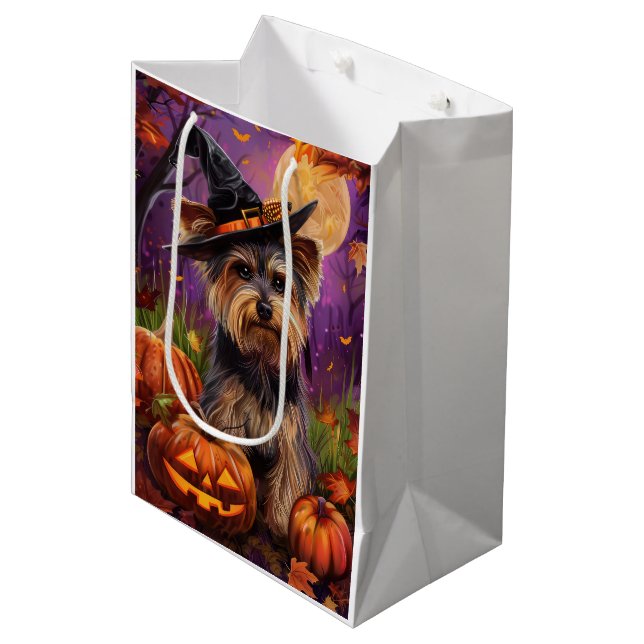 Spooky Biewer Terrier Halloween Witch And Pumpkin Medium Gift Bag (Front Angled)