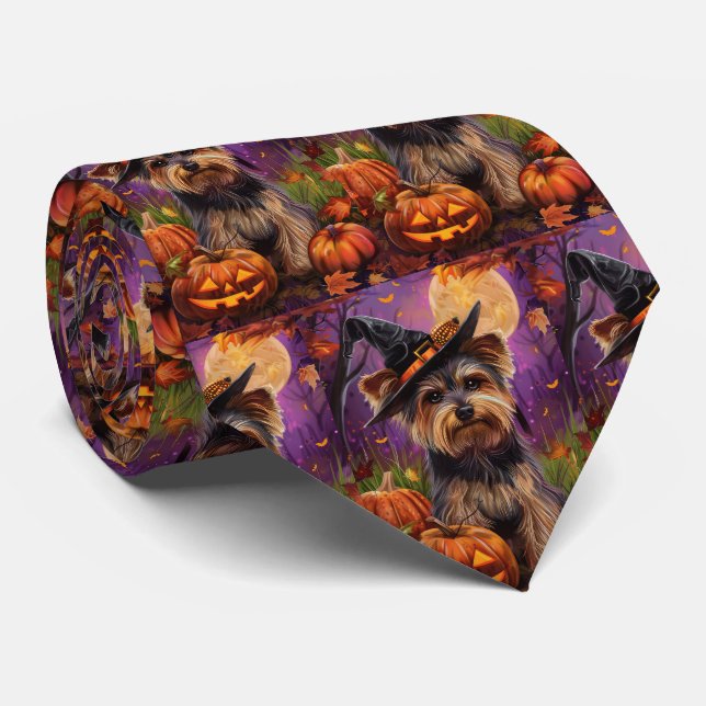 Spooky Biewer Terrier Halloween Witch And Pumpkin Neck Tie (Rolled)
