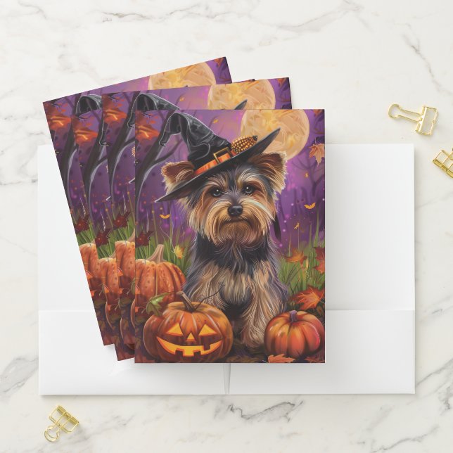 Spooky Biewer Terrier Halloween Witch And Pumpkin Pocket Folder (In Situ)