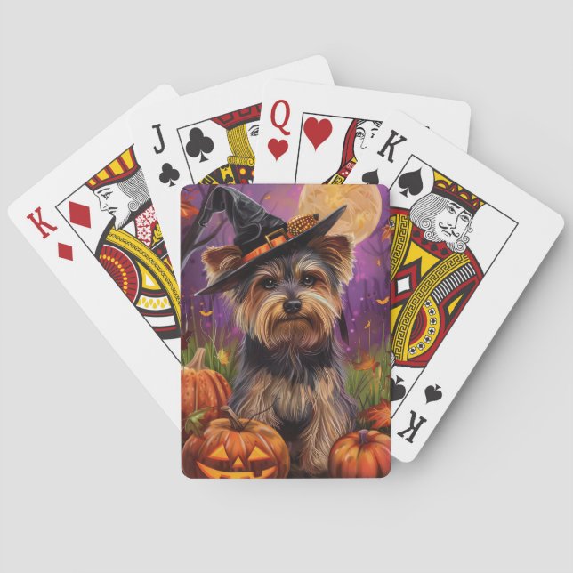 Spooky Biewer Terrier Halloween Witch And Pumpkin Poker Cards (Back)