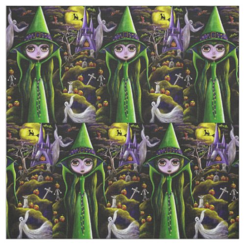 Spooky Big Eye Green Witch Girl Ghosts Goblins Fabric