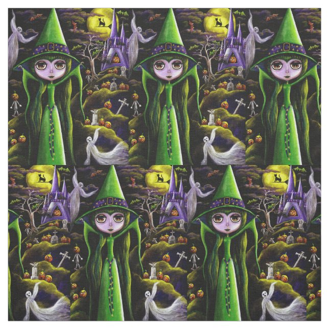 Spooky Big Eye Green Witch Girl Ghosts Goblins Fabric (Swatch)