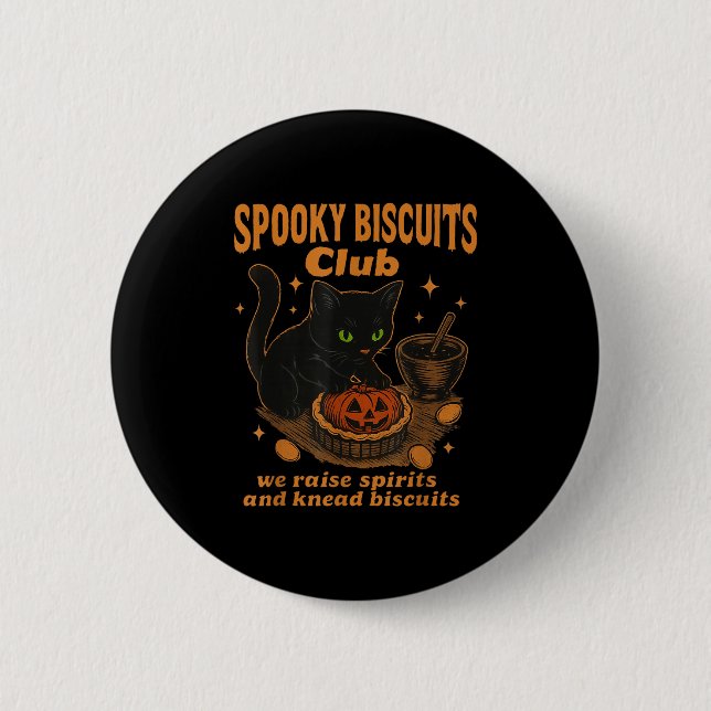 Spooky Biscuits Club Cat, Funny Halloween Baking T Button (Front)