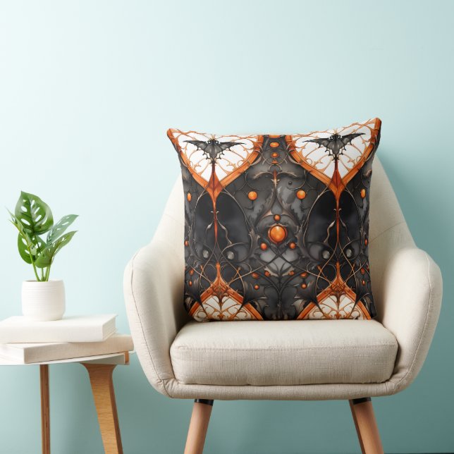 SPOOKY BLACK AND ORANGE GOTHIC HALLOWEEN SCENE THROW PILLOW (Chair)
