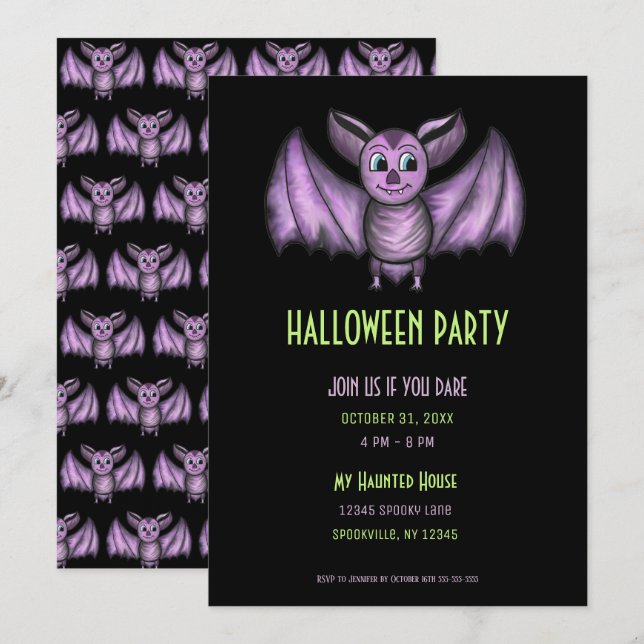 Spooky Black and Purple Bat Halloween Party Invitation (Front/Back)