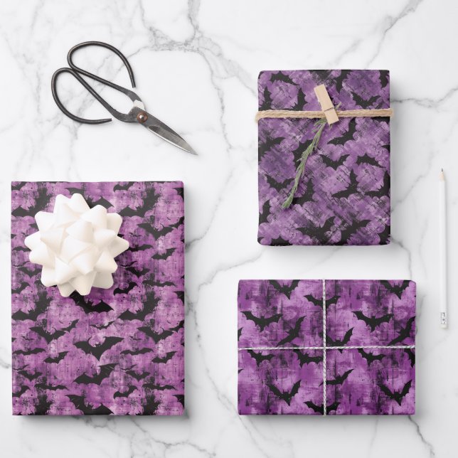 Spooky Black Bat Pattern on Grungy Purple Wrapping Paper Sheets (Front)