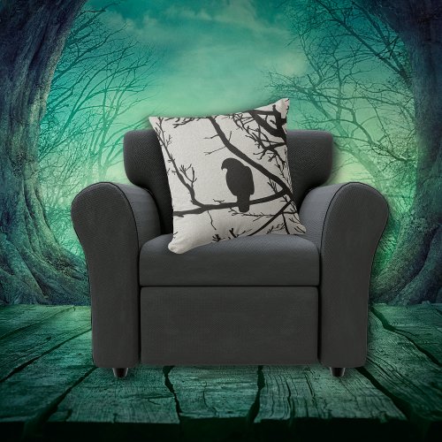 Spooky Black Bird Perched On Tree Silhouette  Throw Pillow