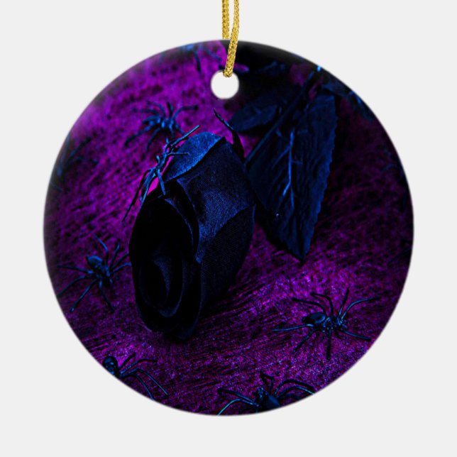 Spooky Black Blue Rose, Black Spiders, Purple, ZSG Ceramic Ornament (Front)