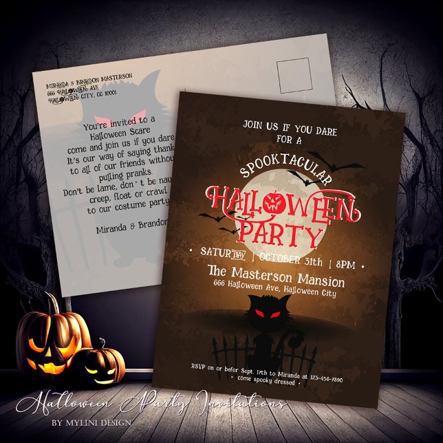 Spooky Black Cat Bats & Full Moon Halloween Invite (Creator Uploaded)