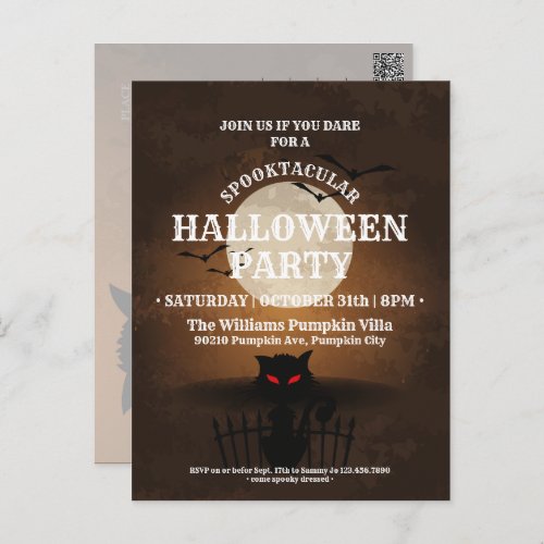 Spooky Black Cat  Bats Halloween Invitation Postcard