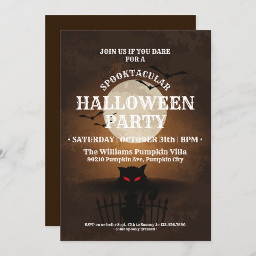 Spooky Black Cat  Bats Halloween Party Invitation