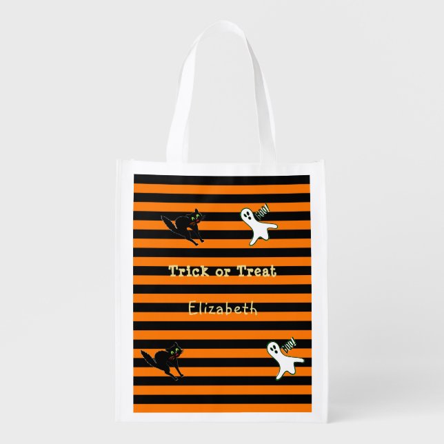 Spooky Black Cat Boo Ghost Kids Halloween Candy Grocery Bag (Front)