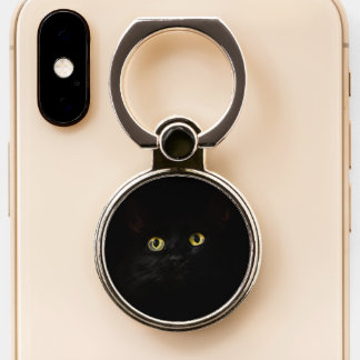 Spooky Black Cat | Bright Yellow Eyes Phone Ring Stand