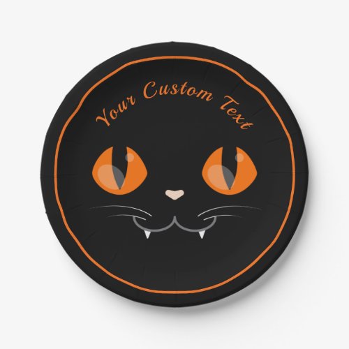 Spooky Black Cat Face Add Text Black  Orange Kids Paper Plates