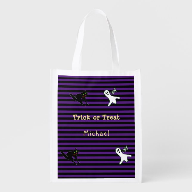Spooky Black Cat Ghost Boo Kids Halloween Candy Grocery Bag (Front)