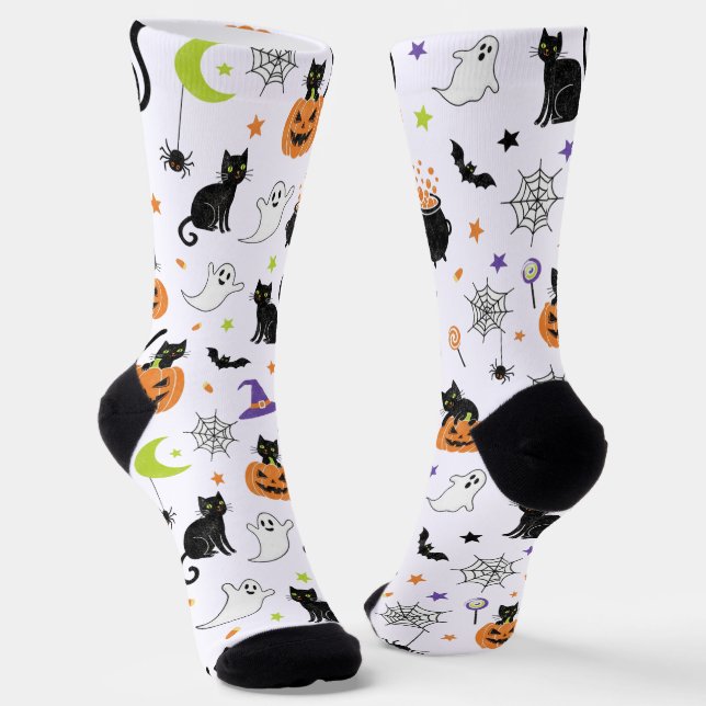 Spooky Black Cat & Ghost Halloween Pattern Socks (Angled)